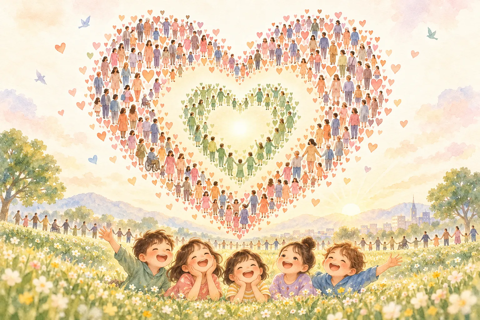 たくさんの人と小さなハートが一つの大きなハートをつくり、草原の子どもたちが笑顔で見上げる水彩イラスト